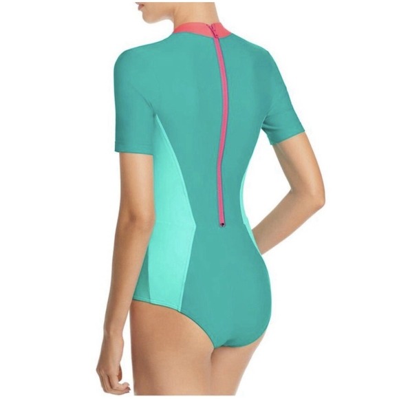 Chromat Womens Colorblock Short Sleeve One Piece Swimsuit Teal Pink 1X - Picture 6 of 8